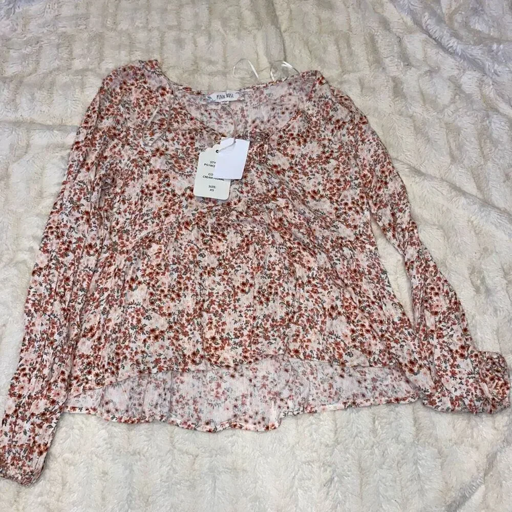 Pink Rose cream floral long sleeve shirt | Sz XS
